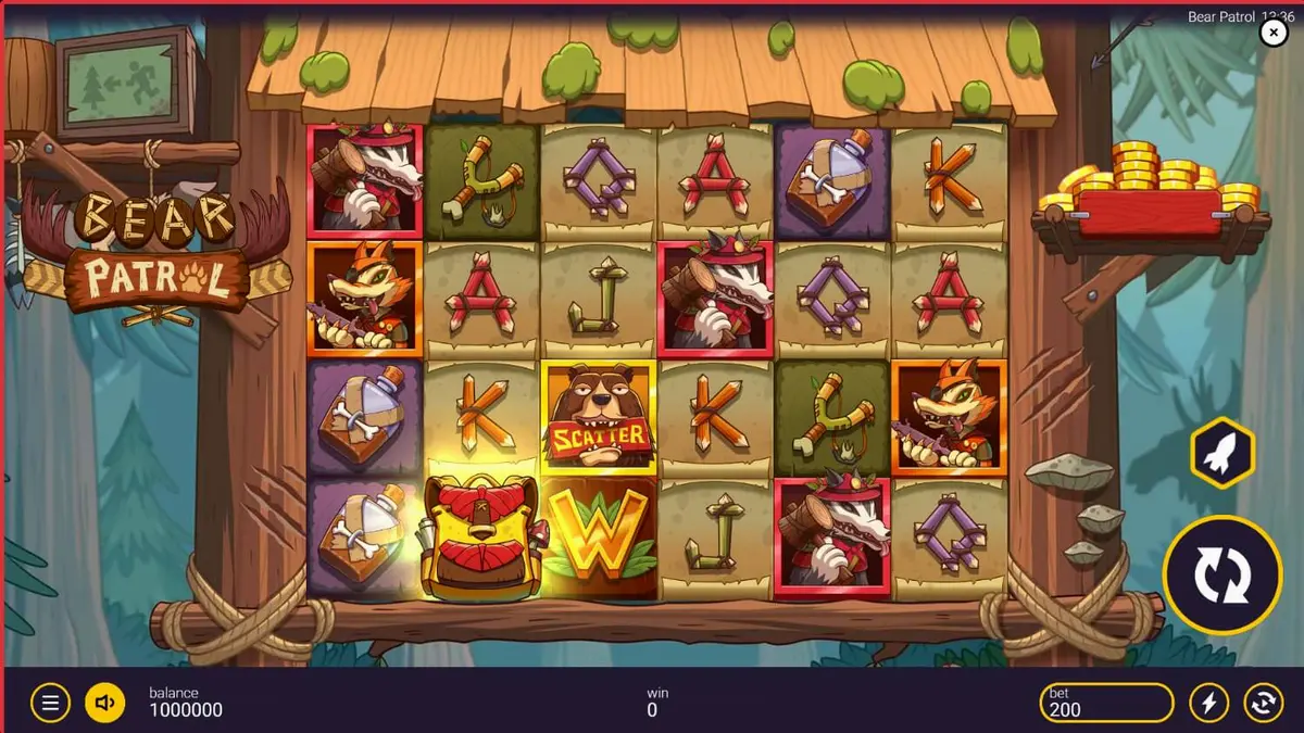 Bear Patrol slot game interface na nagpapakita ng mga karakter na hayop at camping gear