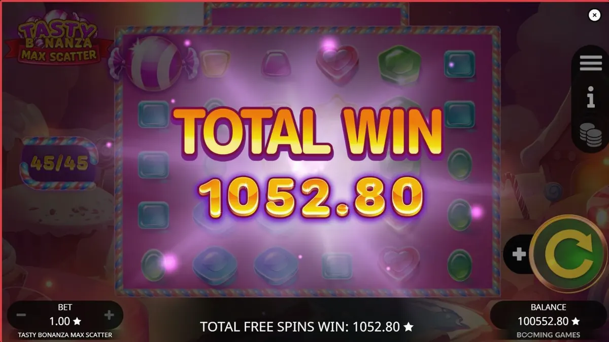 Makulay na candy-themed slot interface ng Tasty Bonanza Max Scatter